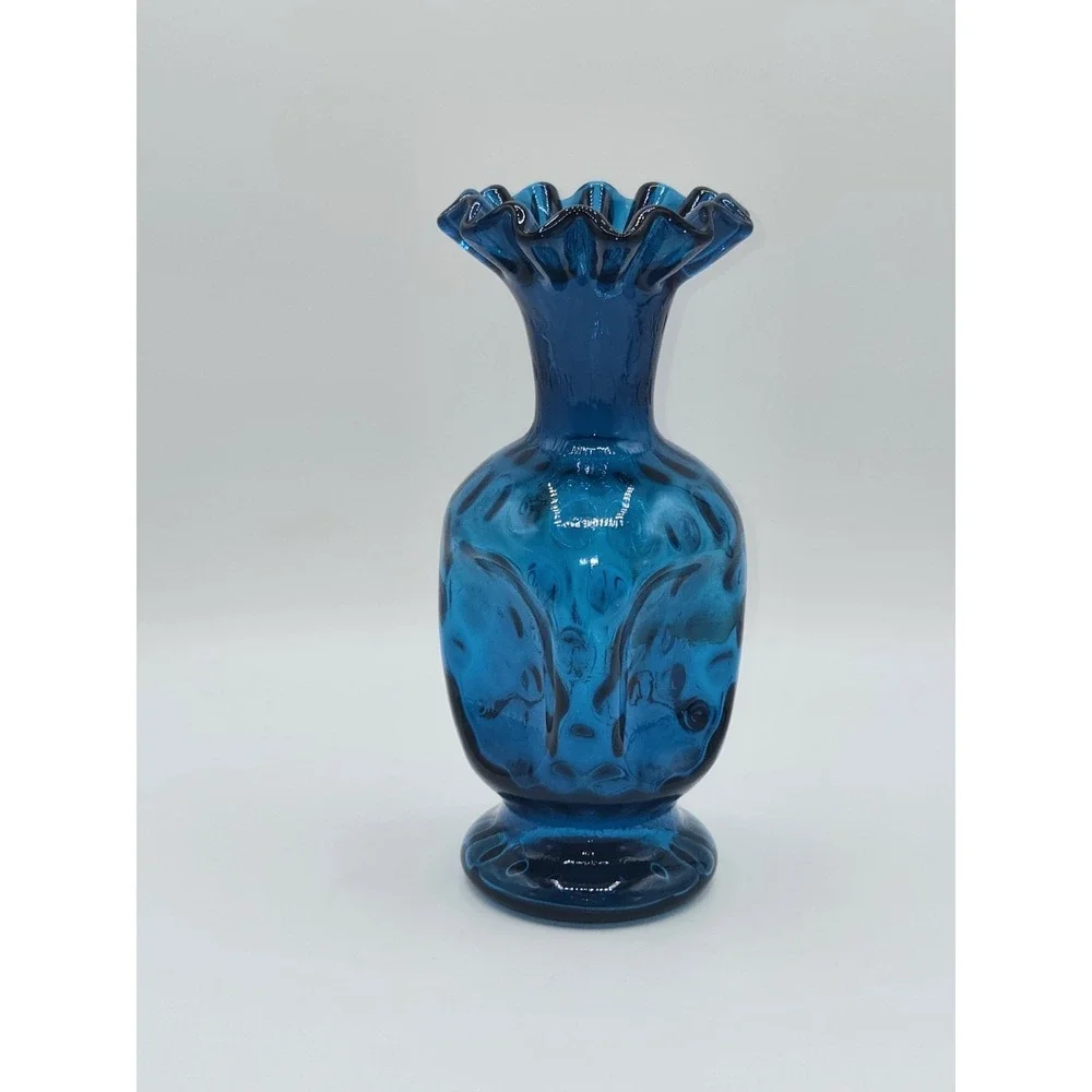Fenton Jamestown Blue Coin Dot Art Glass Vase Ruffled Rim